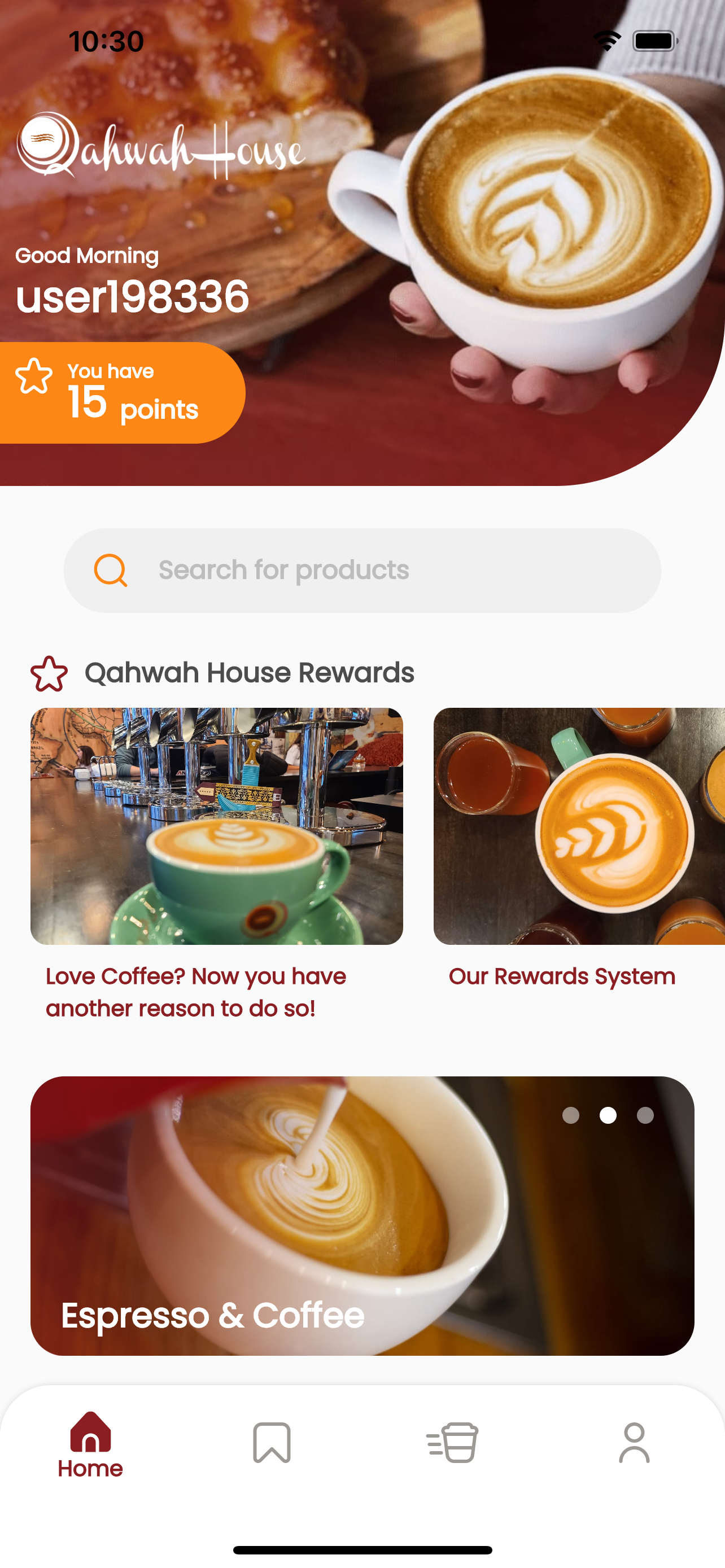 Qahwah House mobile app screenshot showing rewards, products, and coffee ordering